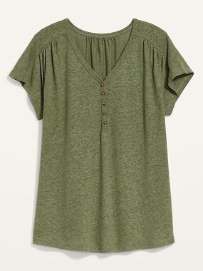 Old Navy Olive Green Loose V-Neck Linen-Blend Henley